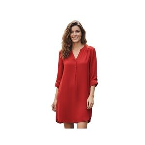 Pleione‎ Red Shirt Dress L Women Long Sleeve Minimalist Career Soft Pull Over